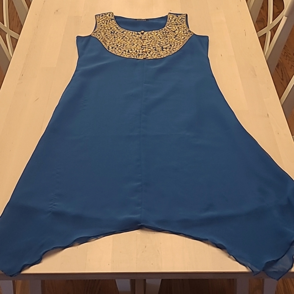 EUC Melange Blue with Gold Leaf Detail  Flowy Midi Dress